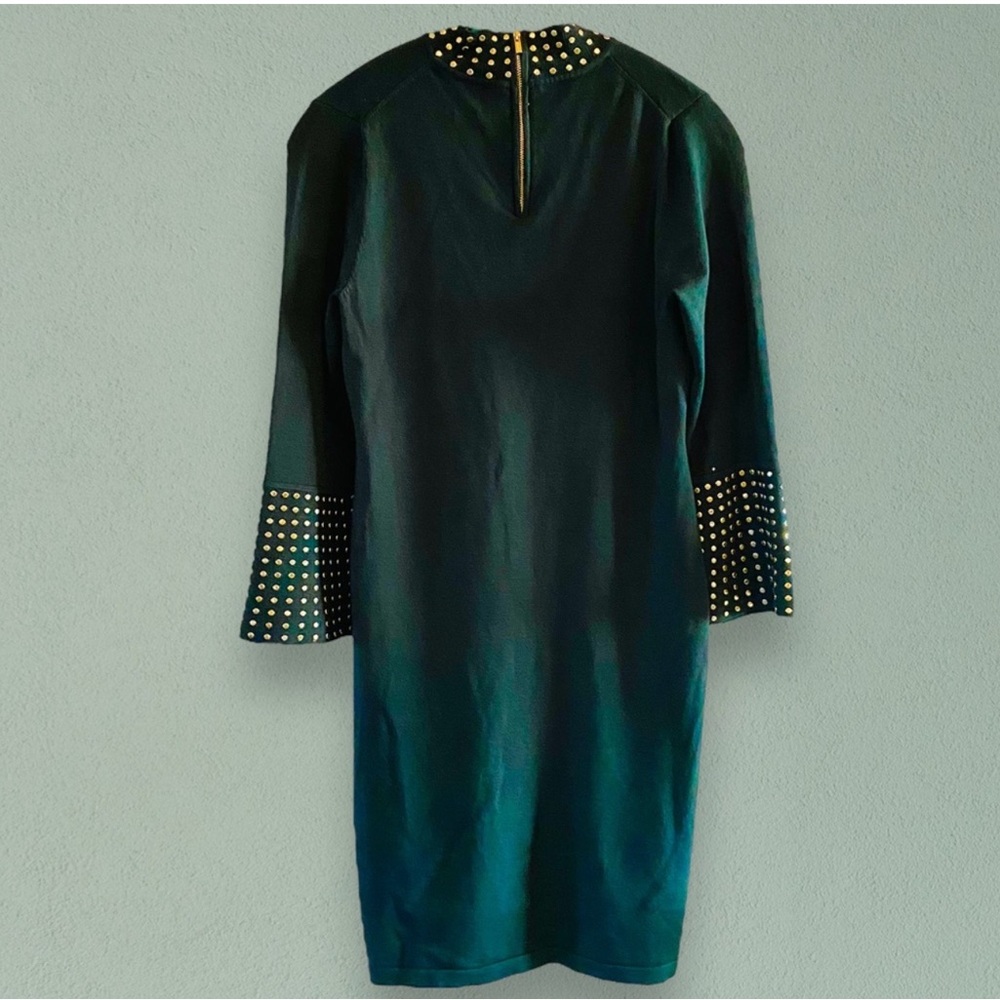 Calvin Klein Long Sleeve Green Mock Neck Sheath Dress With Gold Studs-NWT-L - Picture 4 of 15